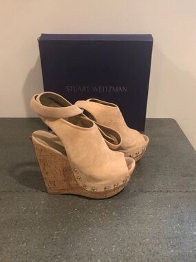 Stuart Weitzman Beige Suede Cork Wedge Sandals with Stud Accents